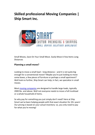 Skilled professional Moving Companies | Ship Smart Inc.