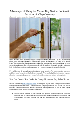 Advantages of Using the Master Key System Locksmith Services of a Top Company