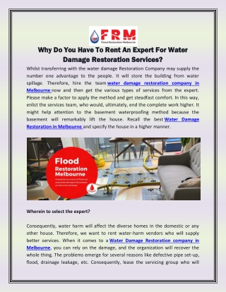 Why Do You Have To Rent An Expert For Water Damage Restoration Services