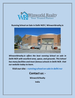 Running School on Sale in Delhi NCR  Winworldrealty in