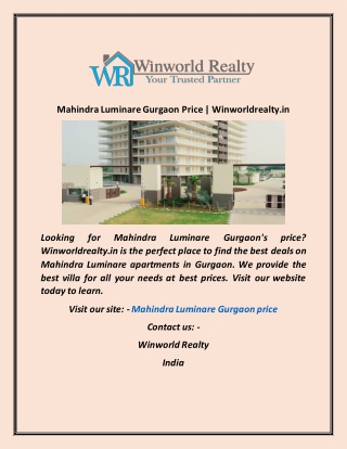 Mahindra Luminare Gurgaon Price  Winworldrealty in