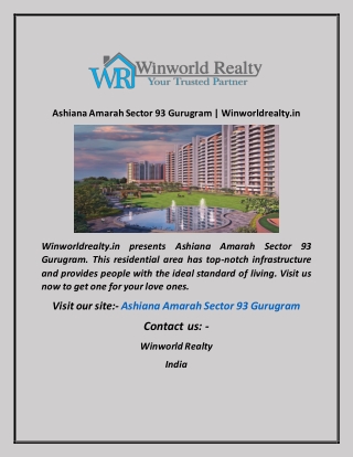 Ashiana Amarah Sector 93 Gurugram  Winworldrealty in