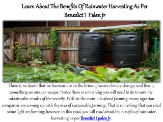 Learn about the benefits of rainwater harvesting as per benedict t palen jr