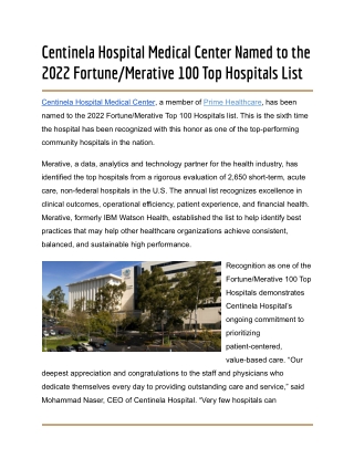 Centinela Hospital Medical Center Named to the 2022 Fortune_Merative 100 Top Hospitals List