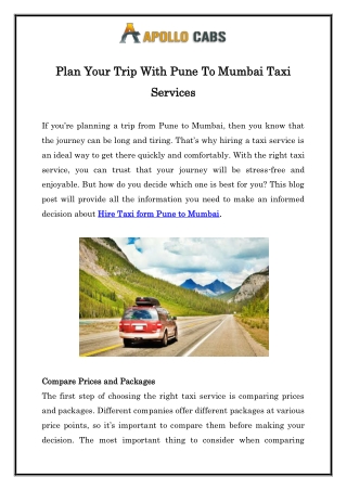 Plan Your Trip With Pune To Mumbai Taxi Services