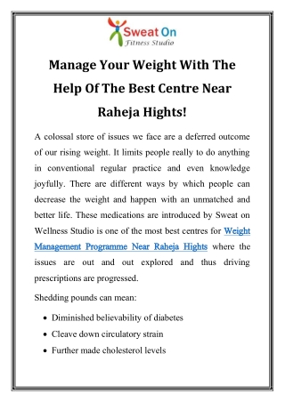 Weight Management Programme Near Raheja Hights Call-9870275704