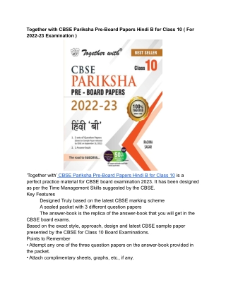 Together with CBSE Pariksha Pre-Board Papers Hindi B for Class 10 ( For 2022-23 Examination )