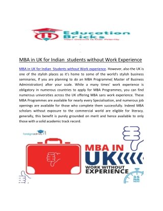 MBA in UK for Indian  students without Work experience