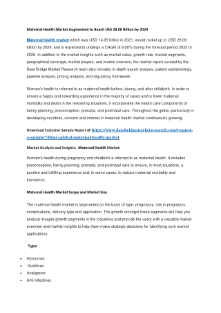 Maternal Health Market Augmented to Reach US 28.00 Billion by 2029