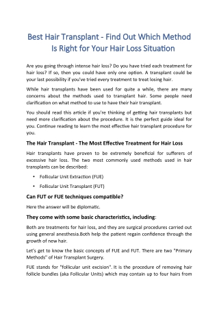 Best Hair Transplant - Find Out Which Method Is Right for Your Hair Loss Situation