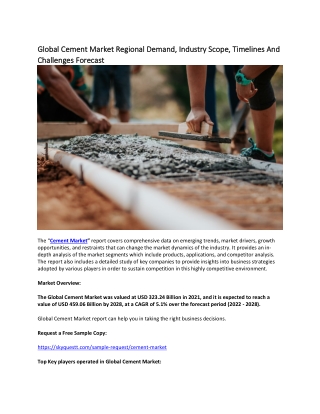 Global Cement Market Regional Demand, Industry Scope, Timelines And Challenges.