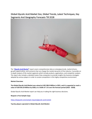 Global Glycolic Acid Market Size, Global Trends, Latest Techniques, Key Segments