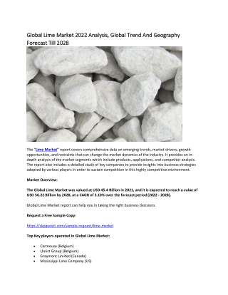 Global Lime Market 2022 Analysis, Global Trend And Geography Forecast Till 2028