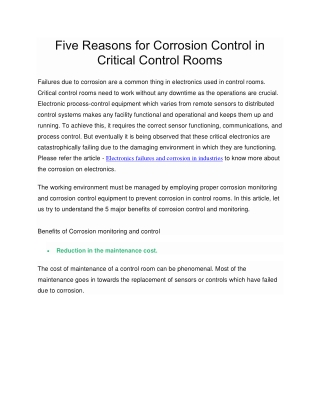 Five Reasons for Corrosion Control in Critical Control Rooms