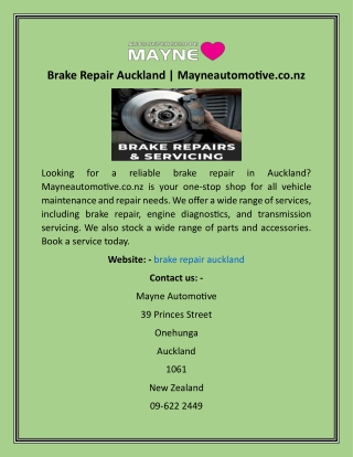 Brake Repair Auckland  Mayneautomotive.co.nz