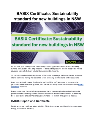 BASIX Certificate: Sustainability standard for new buildings in NSW