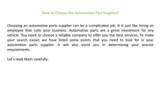 How to Choose the Automotive Part Supplier?