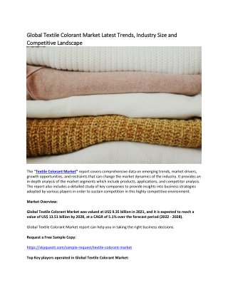Global Textile Colorant Market Latest Trends, Industry Size and Competitive.