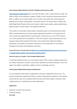Viral Transport Media Market to Hit US 1.46 Billion with Forecast to 2029