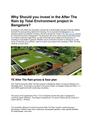 Why Should you invest in the  TE After The Rain by  project in Bangalore?