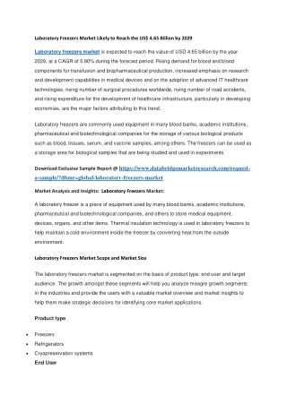Laboratory Freezers Market Likely to Reach the US 4.65 Billion by 2029