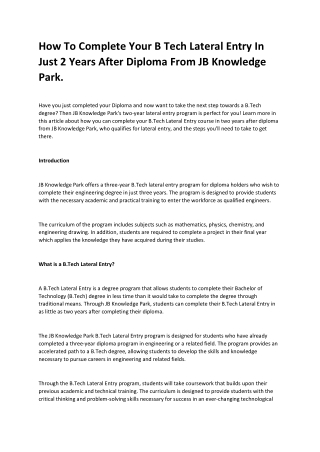 How To Complete Your B Tech Lateral Entry In Just 2 Years After Diploma From JB Knowledge Park