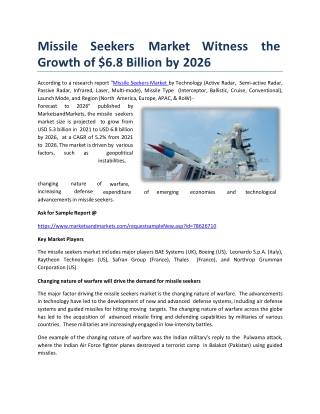 Missile Seekers Market Witness the Growth of $6.8 Billion by 2026