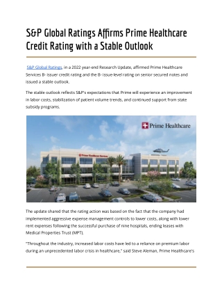 S&P Global Ratings Affirms Prime Healthcare Credit Rating with a Stable Outlook