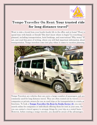 Tempo Traveller On Rent In Noida Sector 10