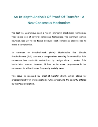 An In-depth Analysis Of Proof-Of-Transfer - A New Consensus Mechanism