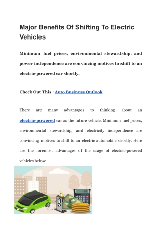 Major Benefits Of Shifting To  Electric Vehicles