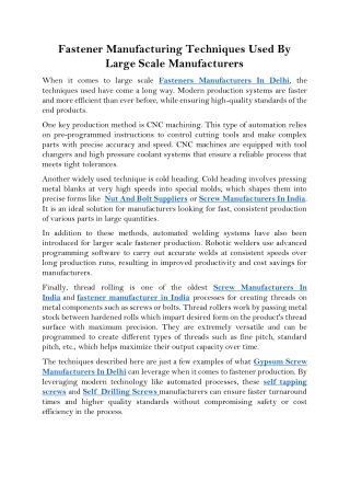 Fastener Manufacturing Techniques Used By Large Scale Manufacturers