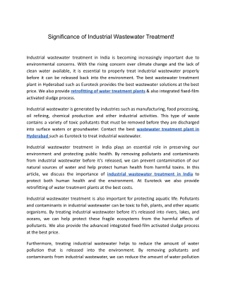 Significance of Industrial Wastewater Treatment