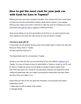 How to get the most cash for your junk car with Cash for Cars in Topeka?