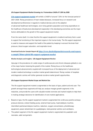 Life Support Equipment Market Growing at a Tremendous CAGR of 7.20 by 2028