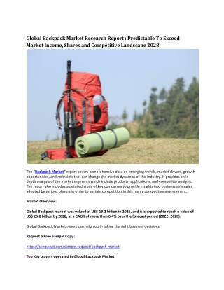 Global Backpack Market Research Report : Predictable To Exceed Market Income.