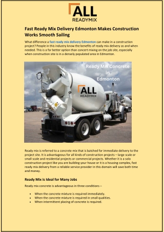 Fast Ready Mix Delivery Edmonton Makes Construction Works Smooth Sailing