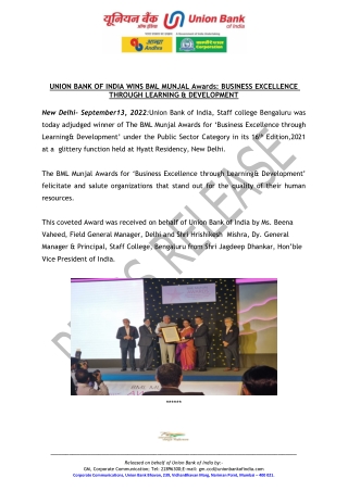 UNION BANK OF INDIA WINS BML MUNJAL Awards: BUSINESS EXCELLENCE THROUGH LEARNING