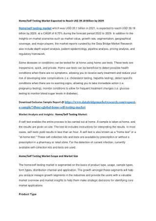 Home Self Testing Market Expected to Reach US 39.18 Billion by 2029