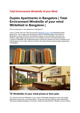 Duplex Apartments in Bangalore | TE Windmills of your mind Project in Bangalore