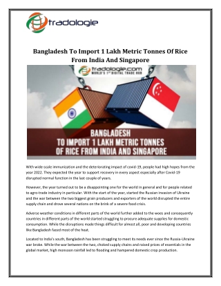 Bangladesh To Import 1 Lakh Metric Tonnes Of Rice From India And Singapore