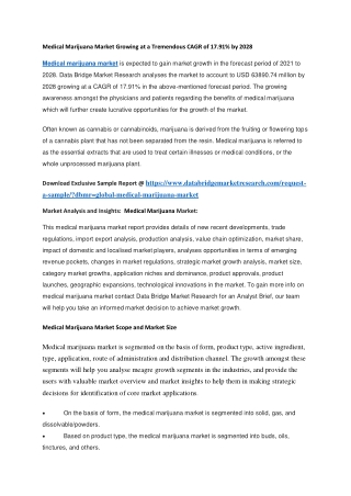 Medical Marijuana Market Growing at a Tremendous CAGR of 17.91 by 2028