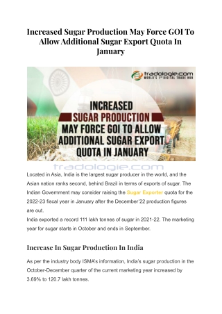 Increased Sugar Production May Force GOI To Allow Additional Sugar Export Quota In January