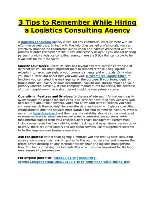 3 Tips to Remember While Hiring a Logistics Consulting Agency