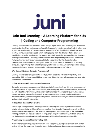 Join Juni Learning – A Learning Platform for Kids | Coding and Computer Programm