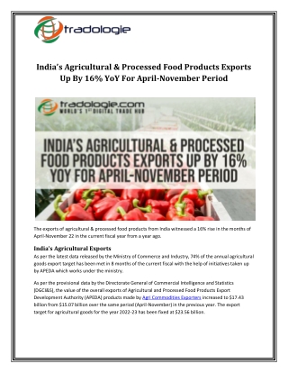 India’s Agricultural & Processed Food Products Exports Up By 16 YoY For April-November Period