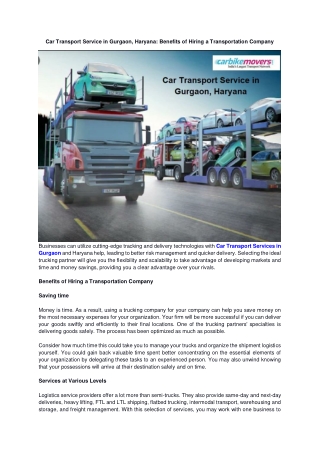 Car Transport Service in Gurgaon Haryana- Benifits of Hiring A Transportation Company