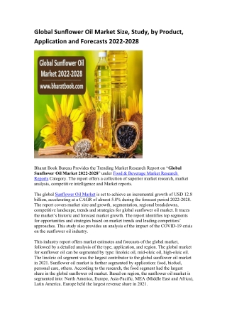 Global Sunflower Oil Market Size, Study, by Product, Application and Forecasts 2022-2028