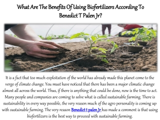 What Are The Benefits Of Using Biofertilizers According To Benedict T Palen Jr?