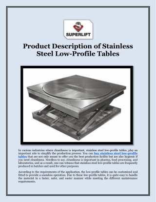 Product Description of Stainless Steel Low-Profile Tables